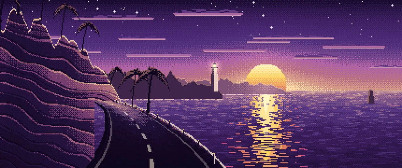 Dark Purple Pixel Art Ocean Road at Sunset ultrawide wallpaper, 3440 × 1440
