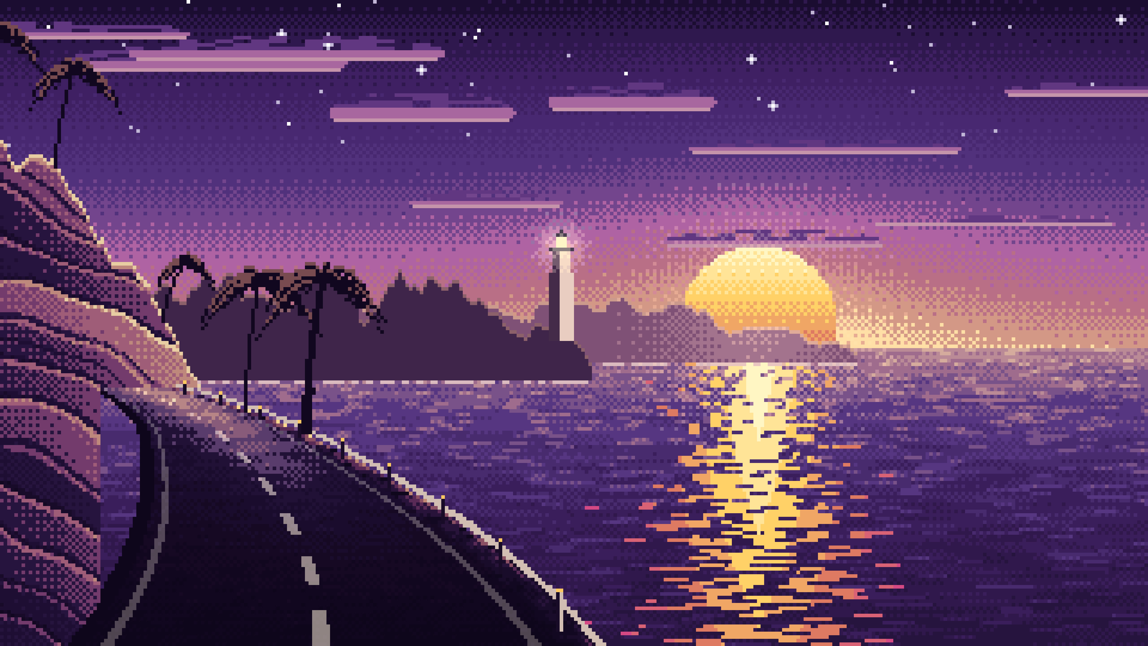 Dark Purple Pixel Art Ocean Road at Sunset desktop wallpaper in 4K