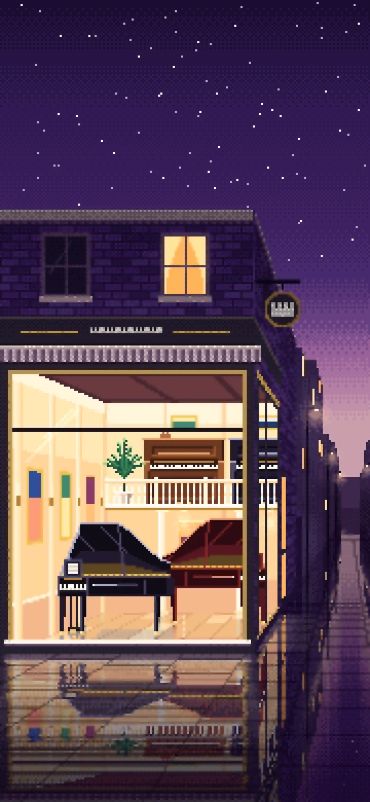 Dark Purple Pixel Art Piano Shop wallpaper for iPhone and Android
