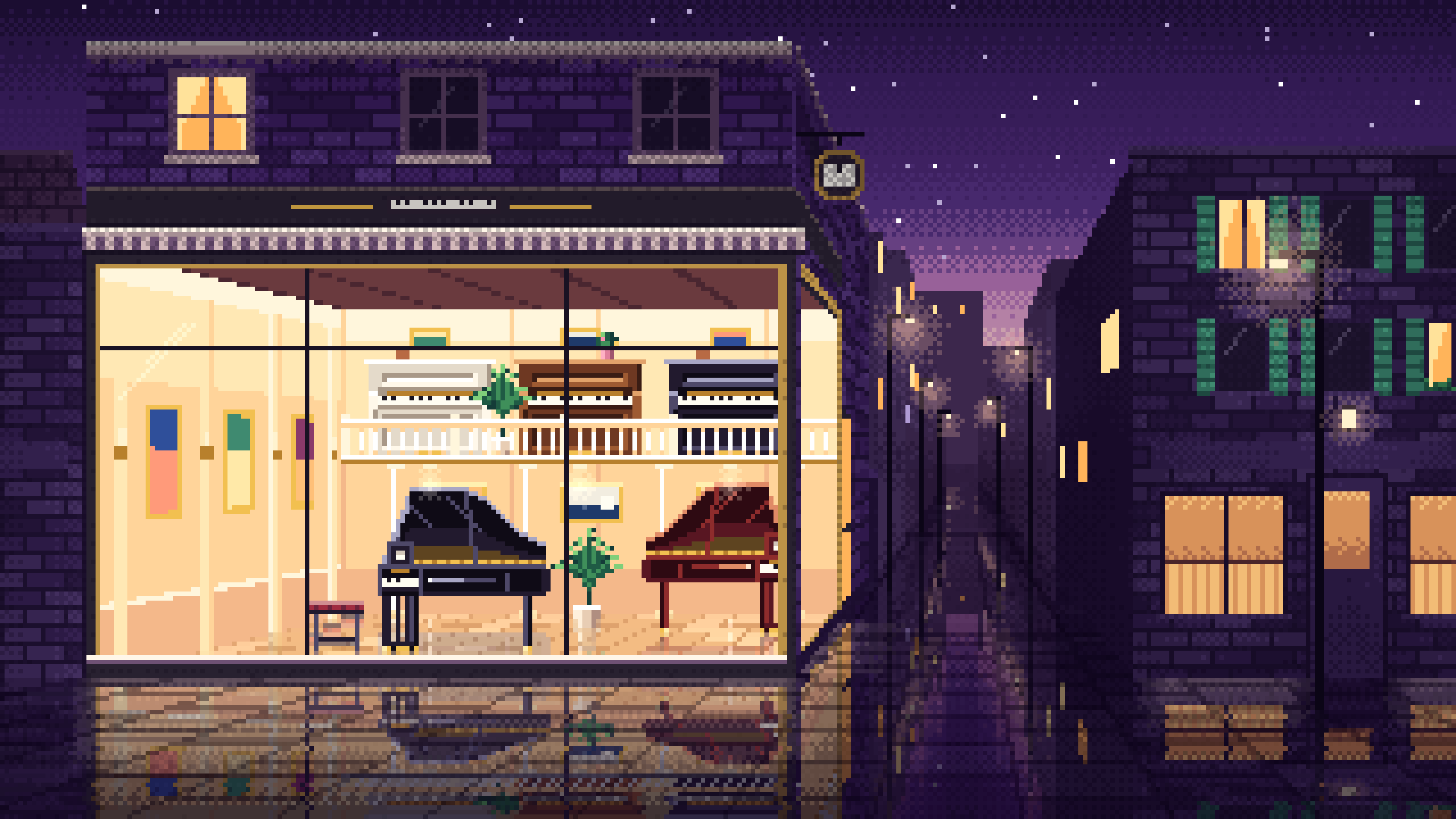 Dark Purple Pixel Art Piano Shop desktop wallpaper in 4K