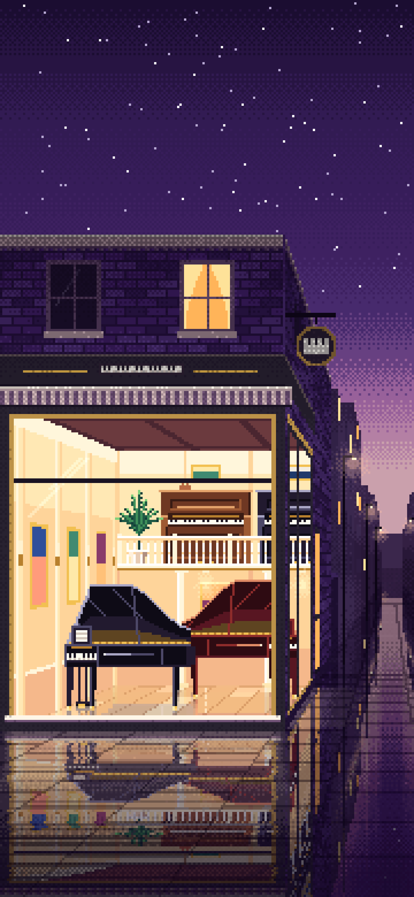 Dark Purple Pixel Art Piano Shop wallpaper for iPhone and Android