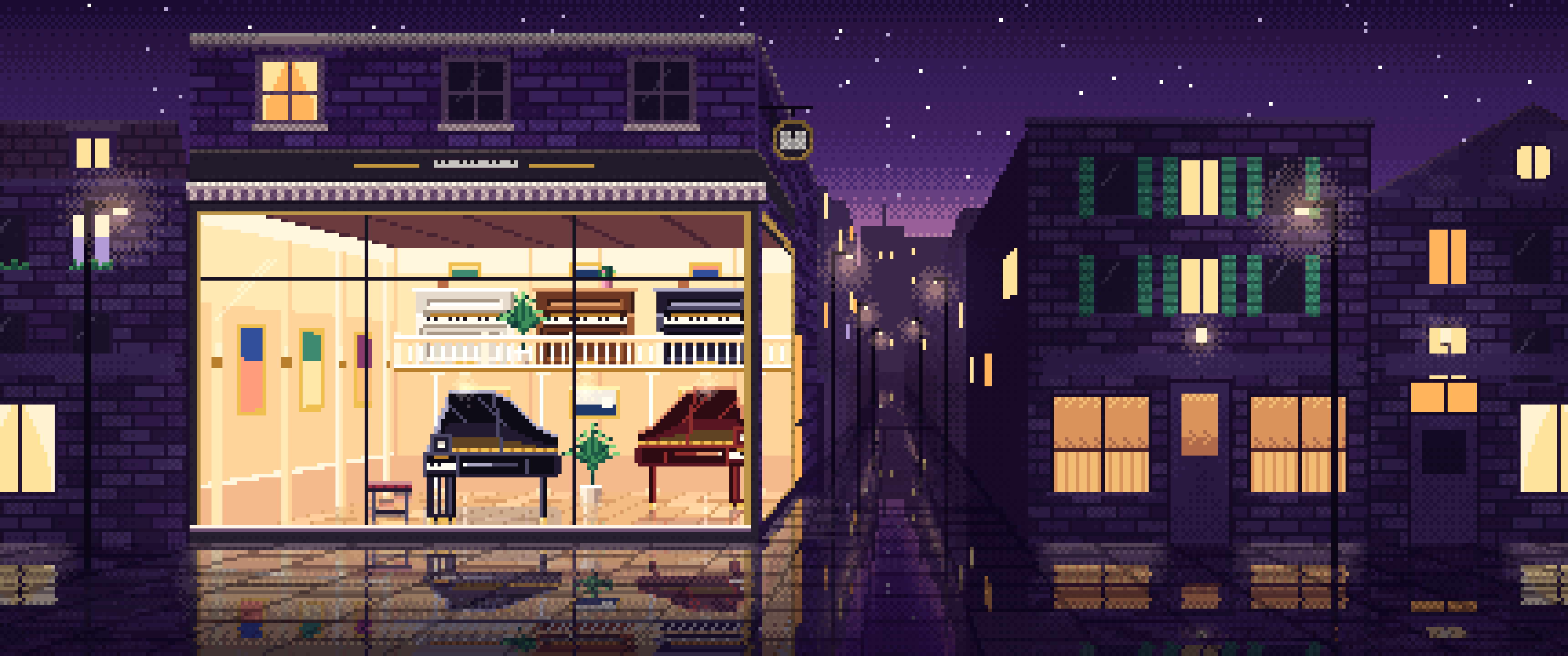 Dark Purple Pixel Art Piano Shop ultrawide wallpaper, 3440 × 1440