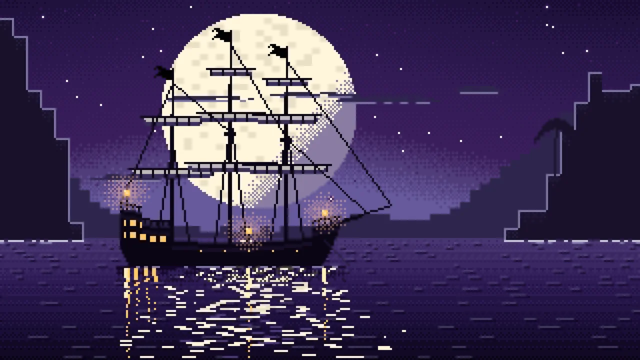 Dark Purple Pixel Art Pirate Ship in a Moonlit Cove desktop wallpaper in 4K