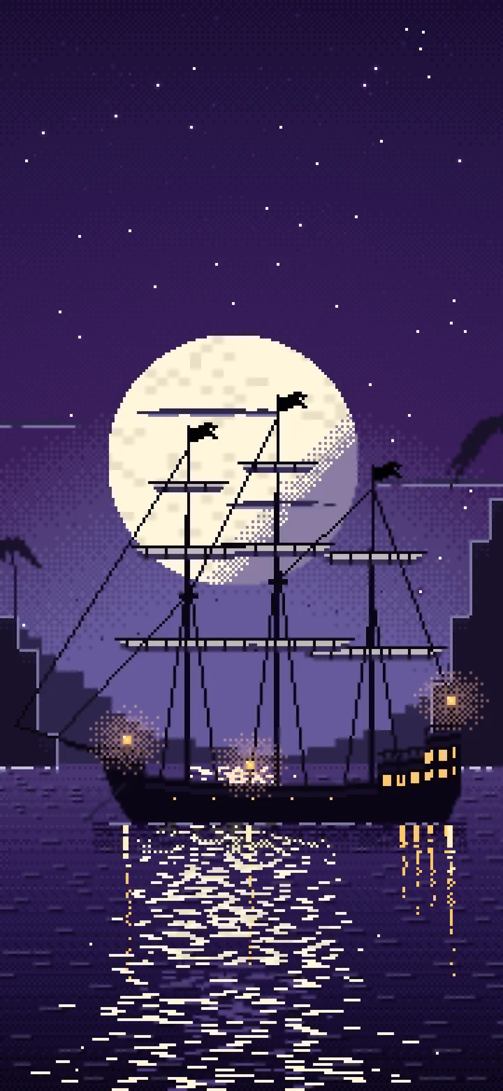 Dark Purple Pixel Art Pirate Ship in a Moonlit Cove wallpaper for iPhone and Android