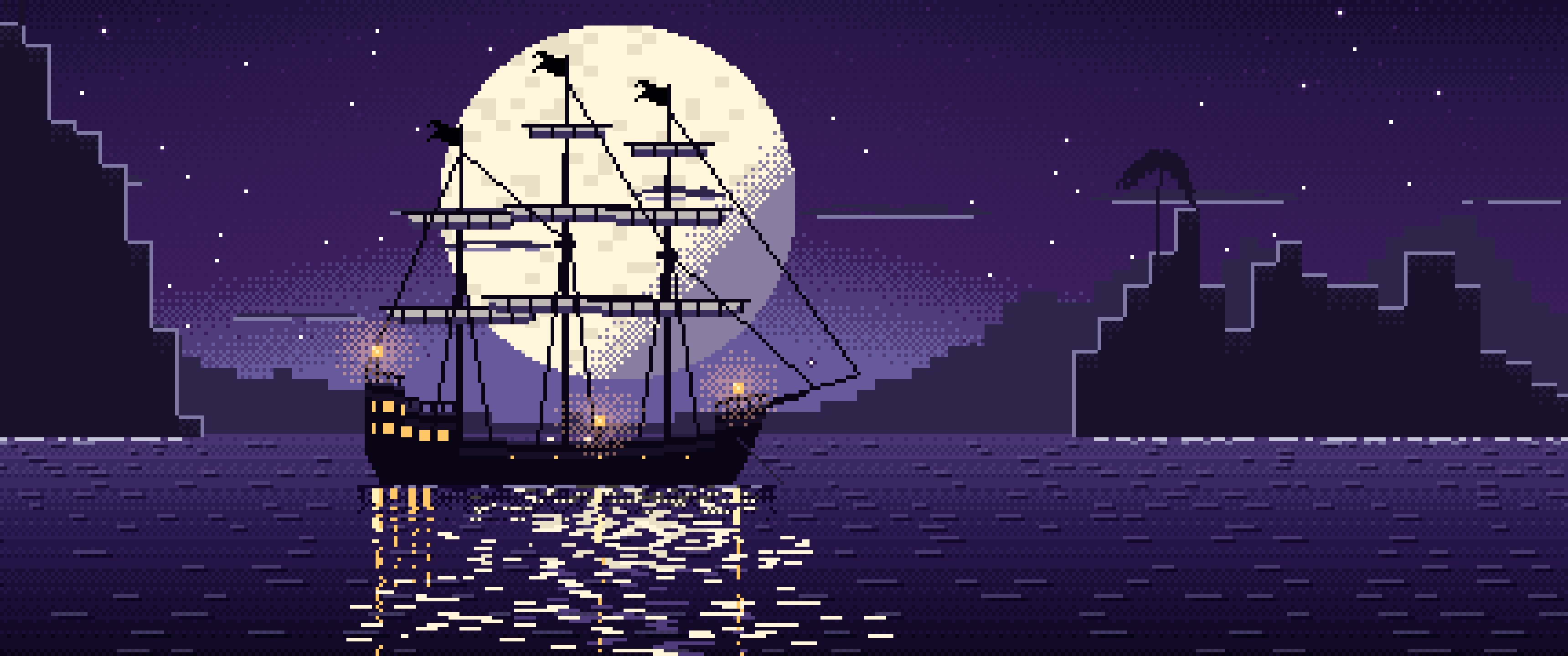 Dark Purple Pixel Art Pirate Ship in a Moonlit Cove ultrawide wallpaper, 3440 × 1440