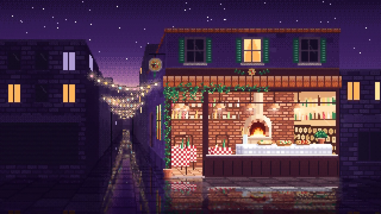 Dark Purple Pixel Art Pizzeria desktop wallpaper in 4K