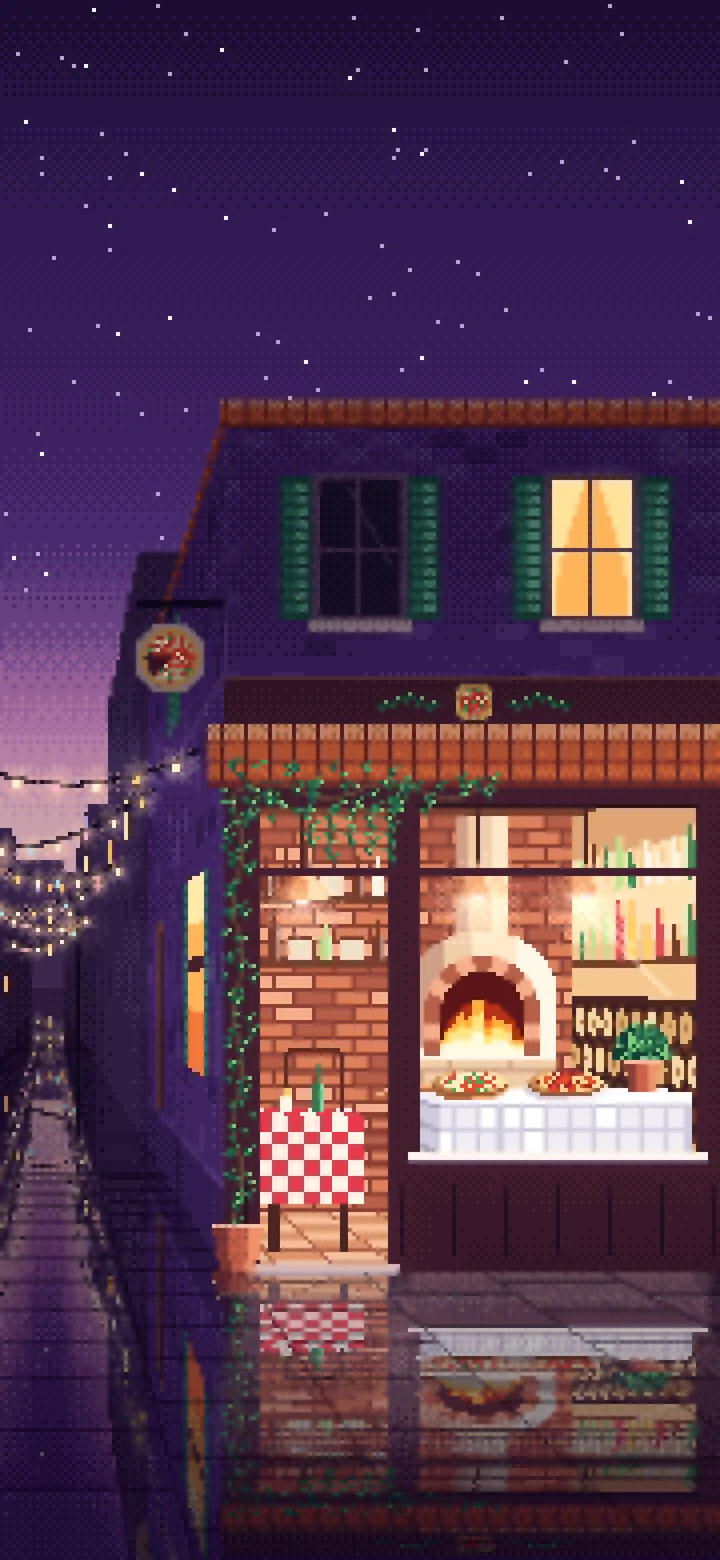 Dark Purple Pixel Art Pizzeria wallpaper for iPhone and Android