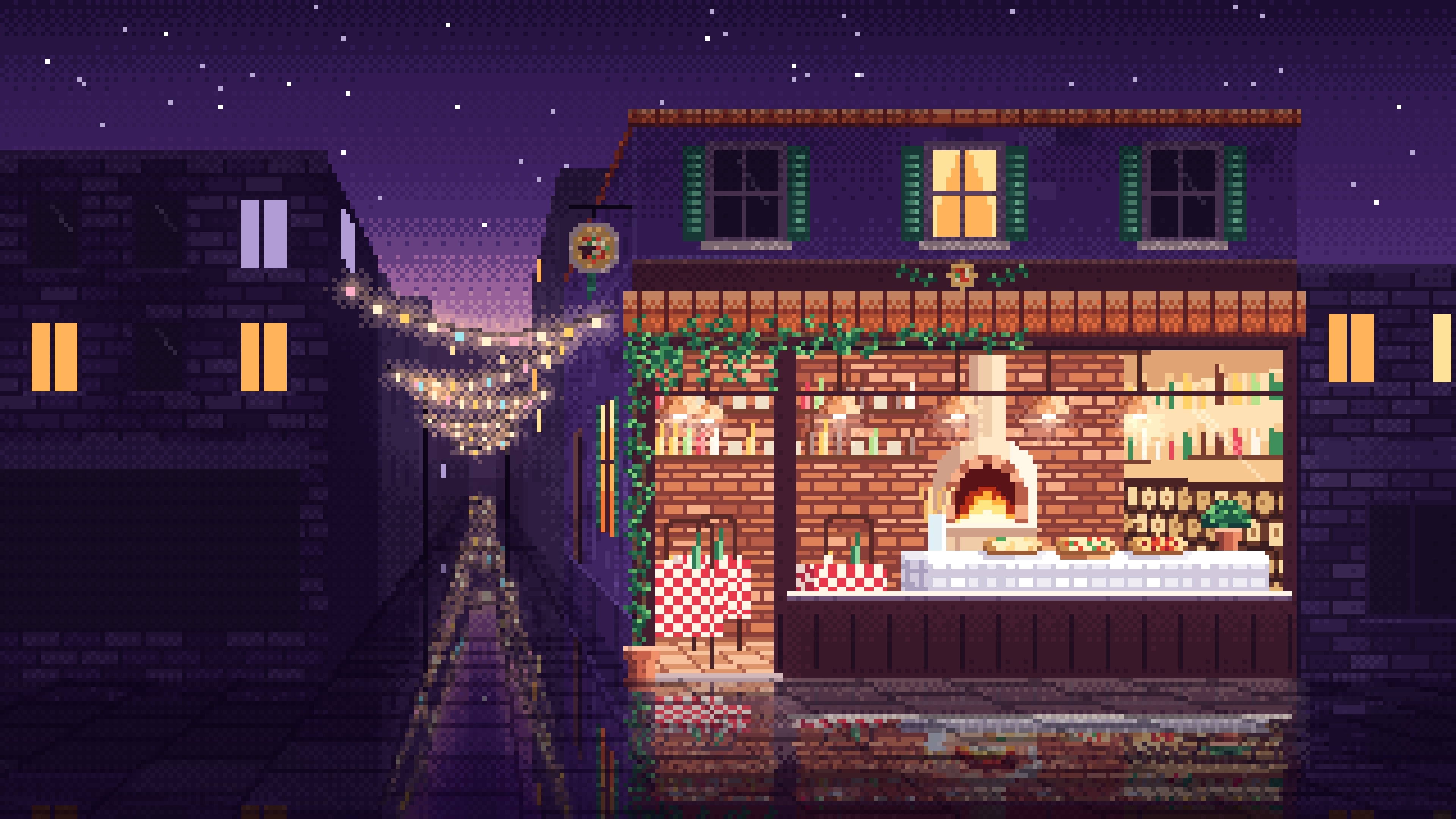 Dark Purple Pixel Art Pizzeria desktop wallpaper in 4K