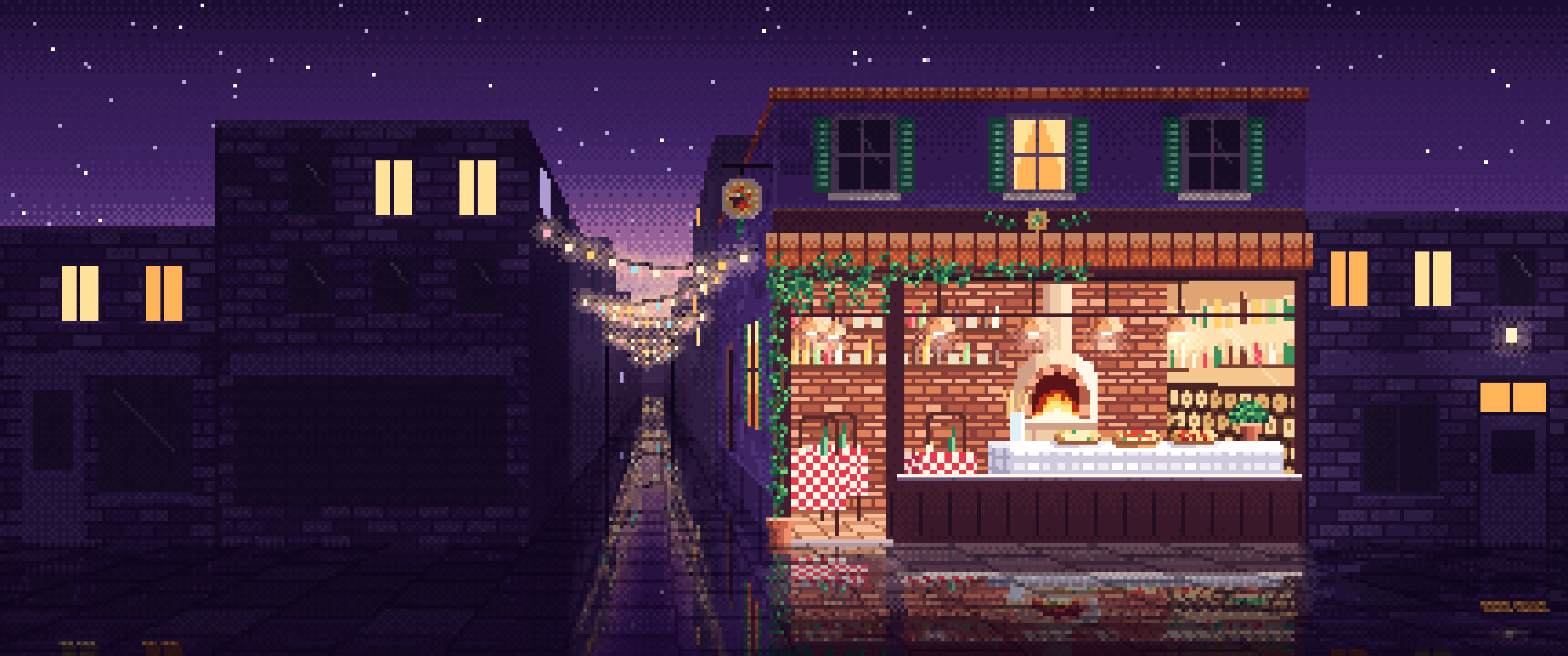Dark Purple Pixel Art Pizzeria ultrawide wallpaper, 3440 × 1440