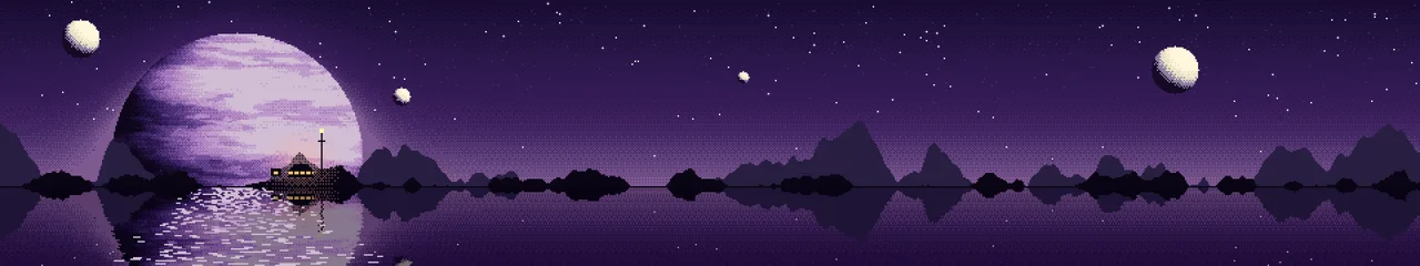 Dark Purple Pixel Art Planet Rise triple monitor wallpaper, 7680 × 1440