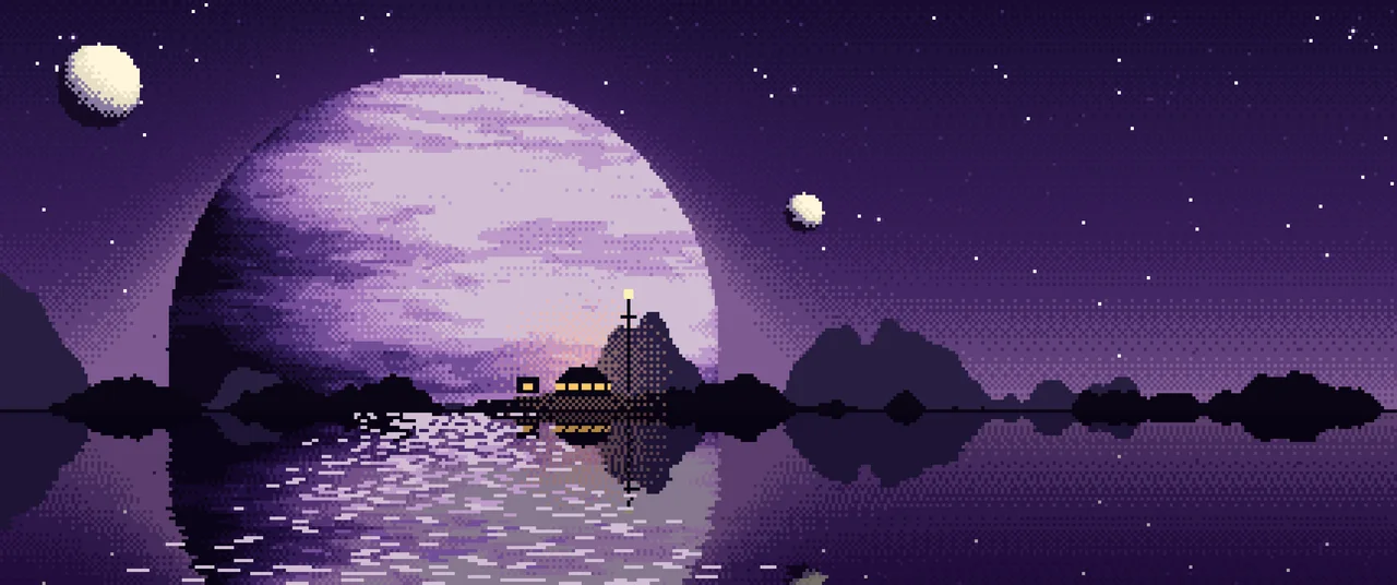 Dark Purple Pixel Art Planet Rise ultrawide wallpaper, 3440 × 1440