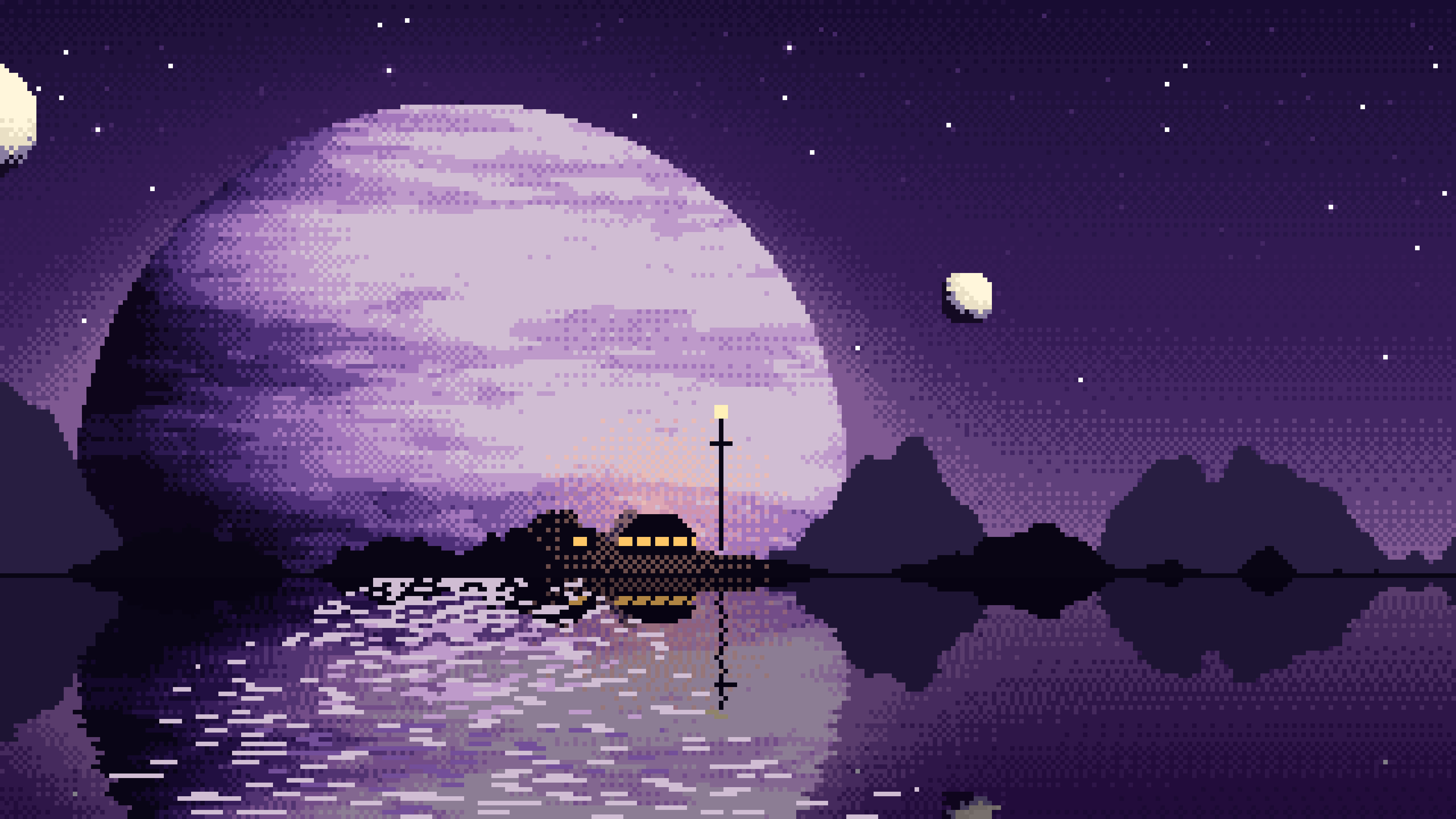Dark Purple Pixel Art Planet Rise desktop wallpaper in 4K