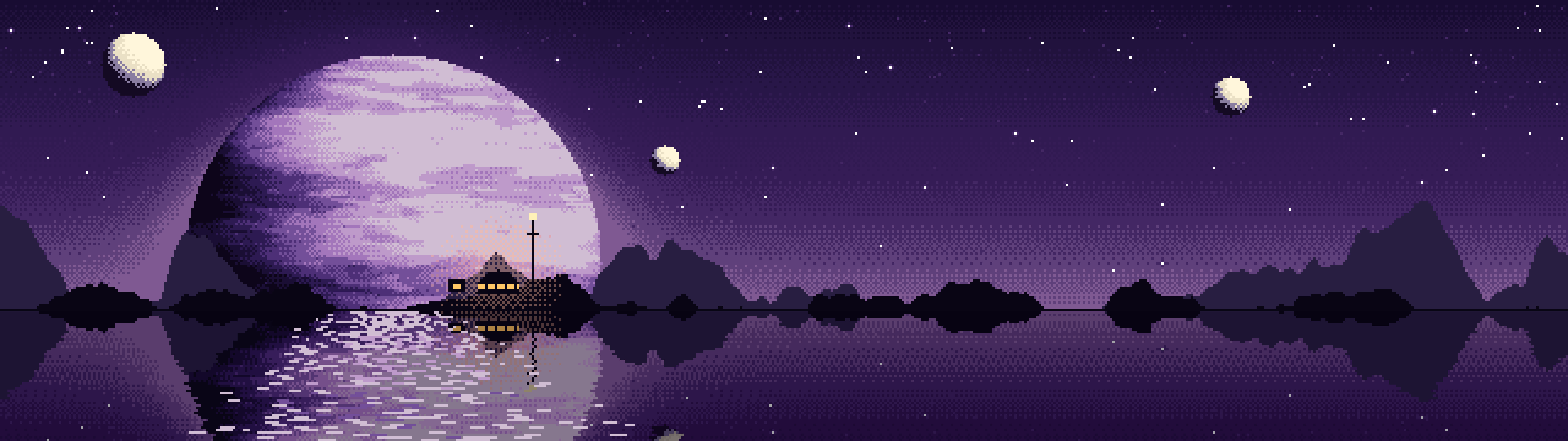 Dark Purple Pixel Art Planet Rise dual monitor wallpaper, 7680 × 2160