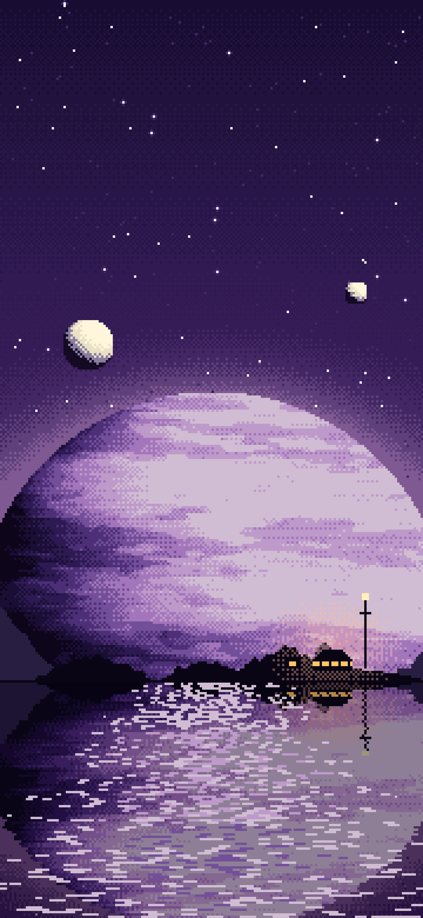 Dark Purple Pixel Art Planet Rise wallpaper for iPhone and Android