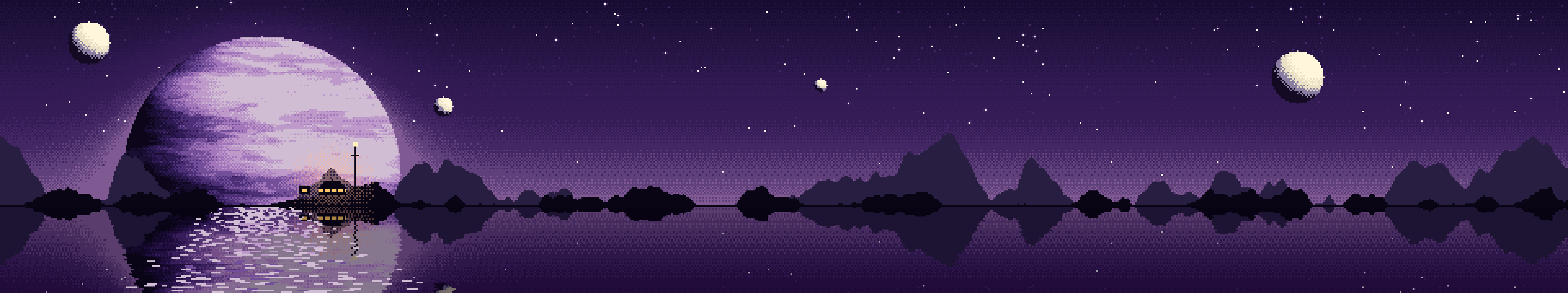 Dark Purple Pixel Art Planet Rise triple monitor wallpaper, 7680 × 1440