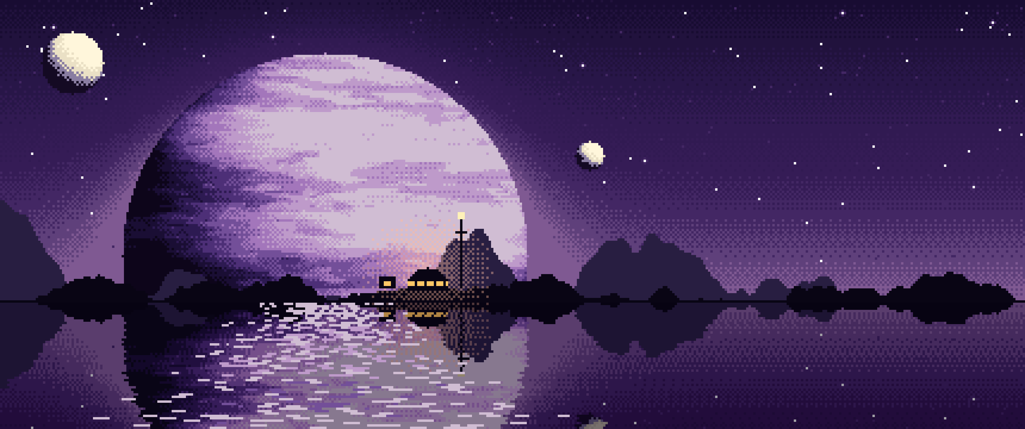Dark Purple Pixel Art Planet Rise ultrawide wallpaper, 3440 × 1440