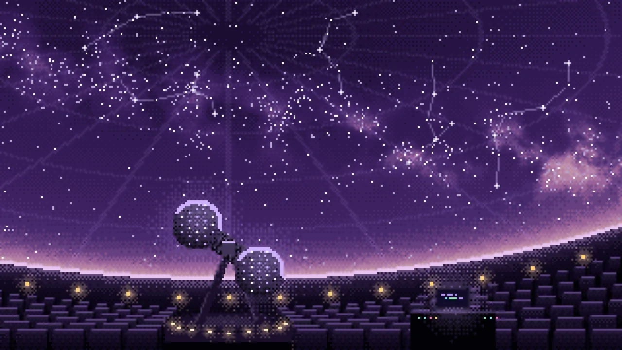 Dark Purple Pixel Art Planetarium Dome at Night desktop wallpaper in 4K