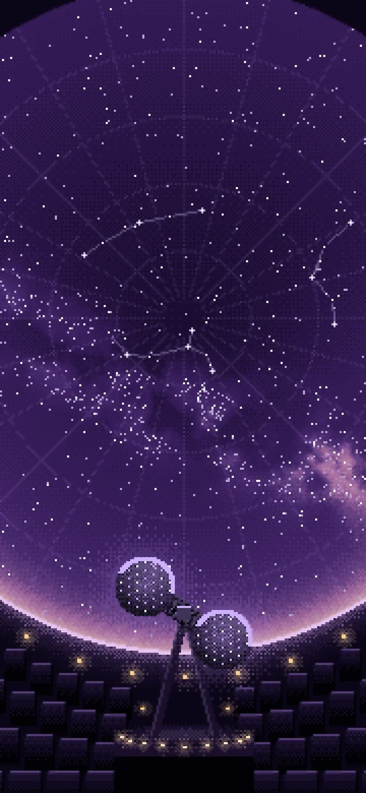 Dark Purple Pixel Art Planetarium Dome at Night wallpaper for iPhone and Android