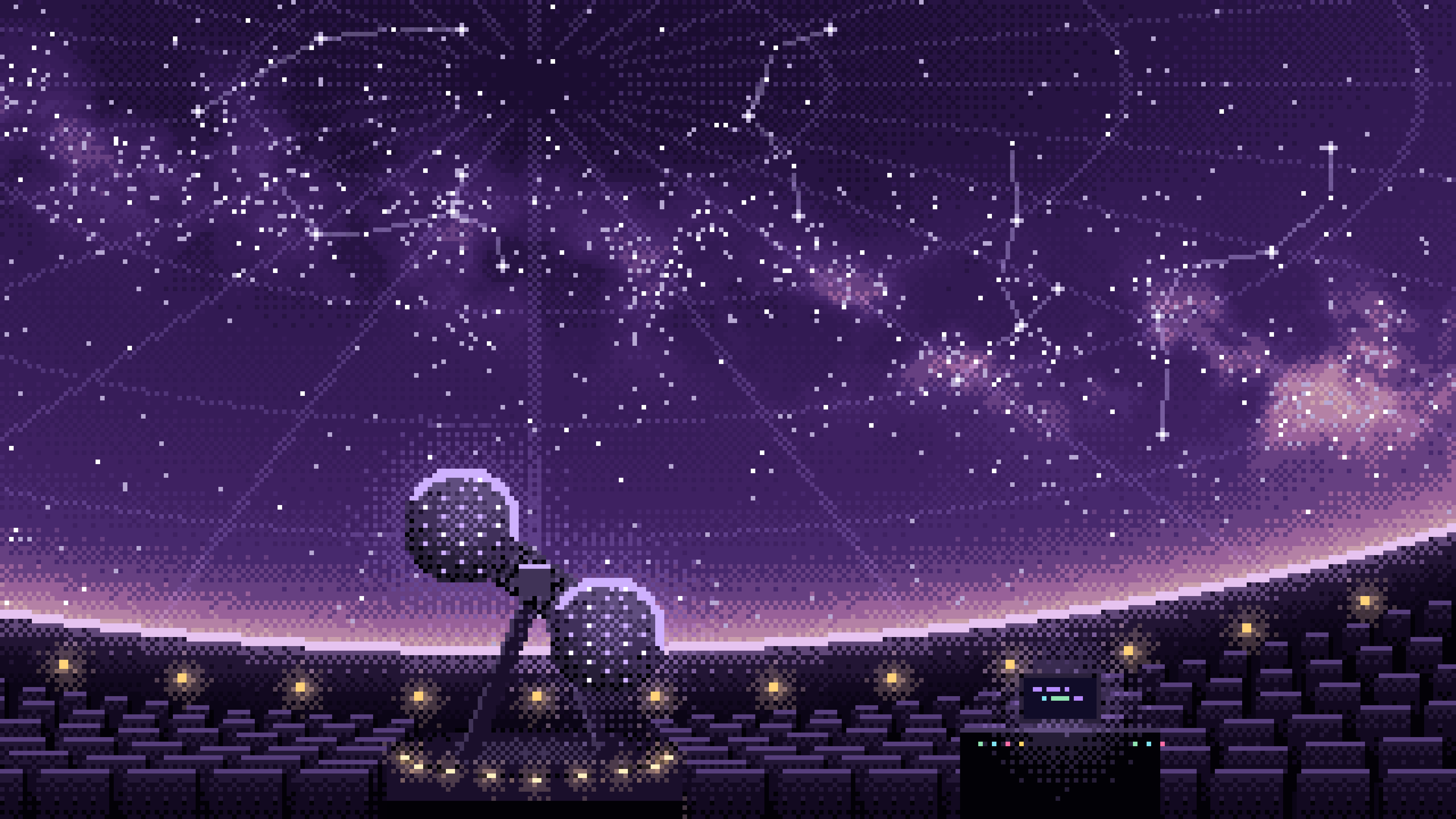 Dark Purple Pixel Art Planetarium Dome at Night desktop wallpaper in 4K