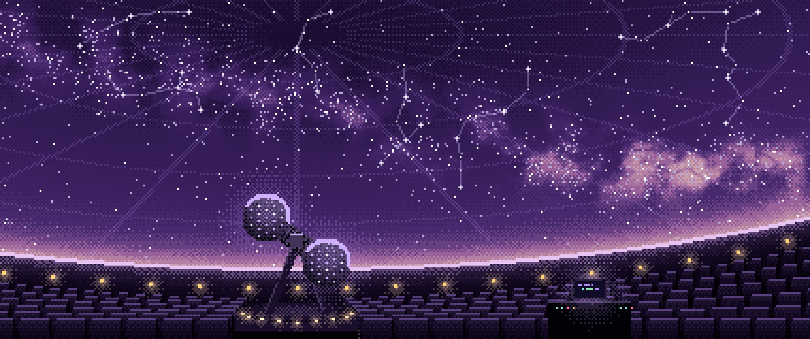 Dark Purple Pixel Art Planetarium Dome at Night ultrawide wallpaper, 3440 × 1440