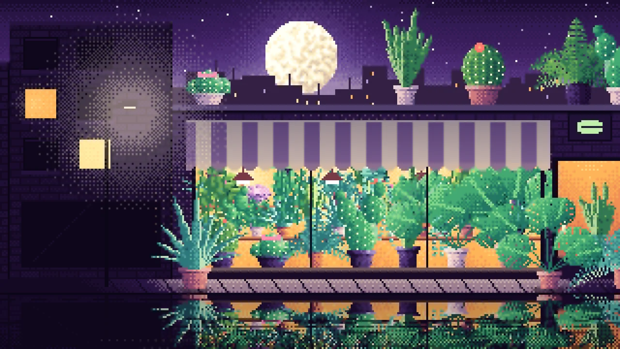 Dark Purple Pixel Art Plant Shop at Night desktop wallpaper in 4K
