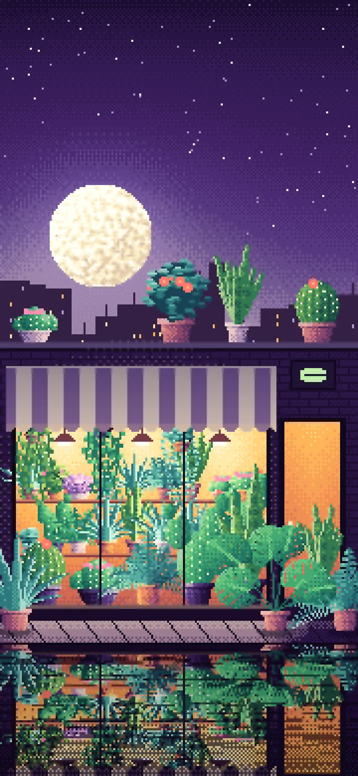 Dark Purple Pixel Art Plant Shop at Night wallpaper for iPhone and Android