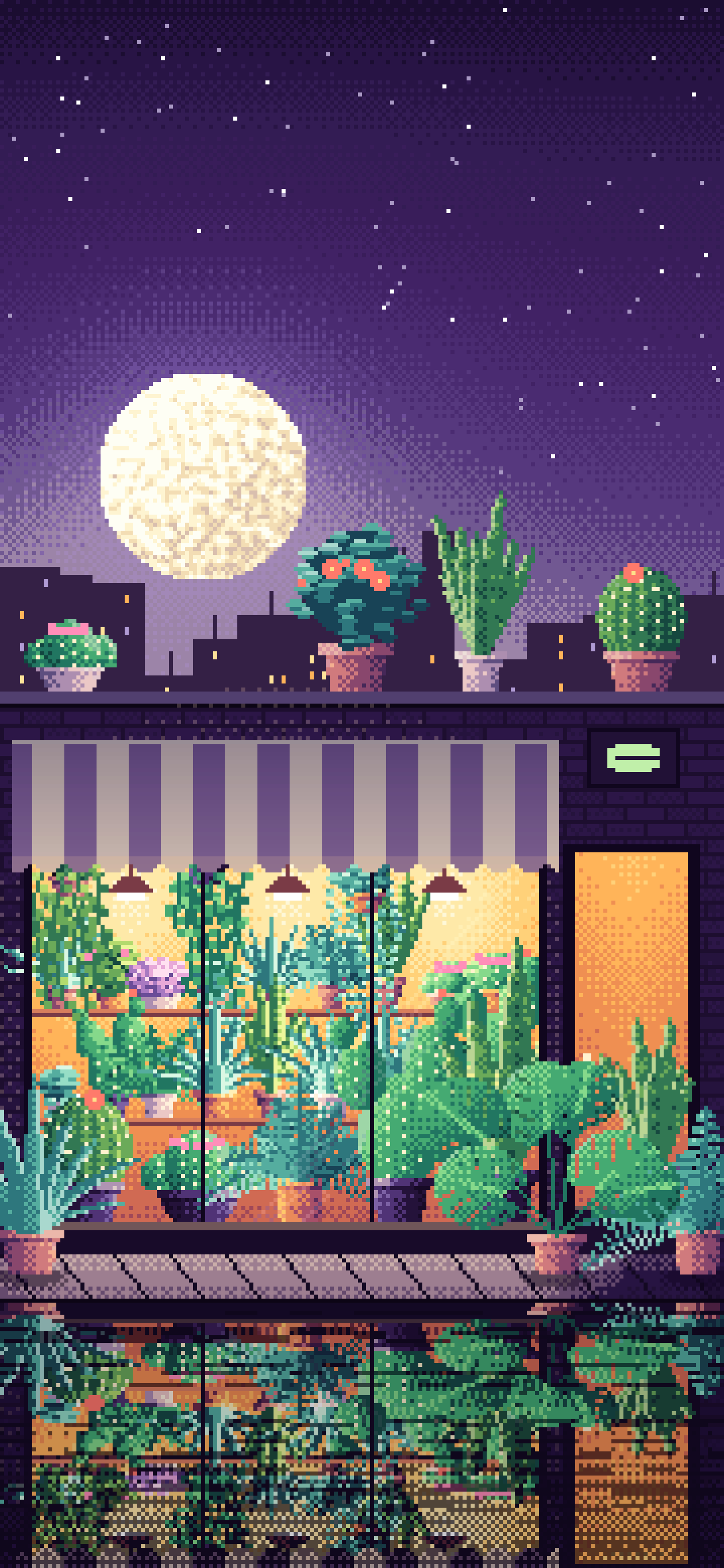 Dark Purple Pixel Art Plant Shop at Night wallpaper for iPhone and Android