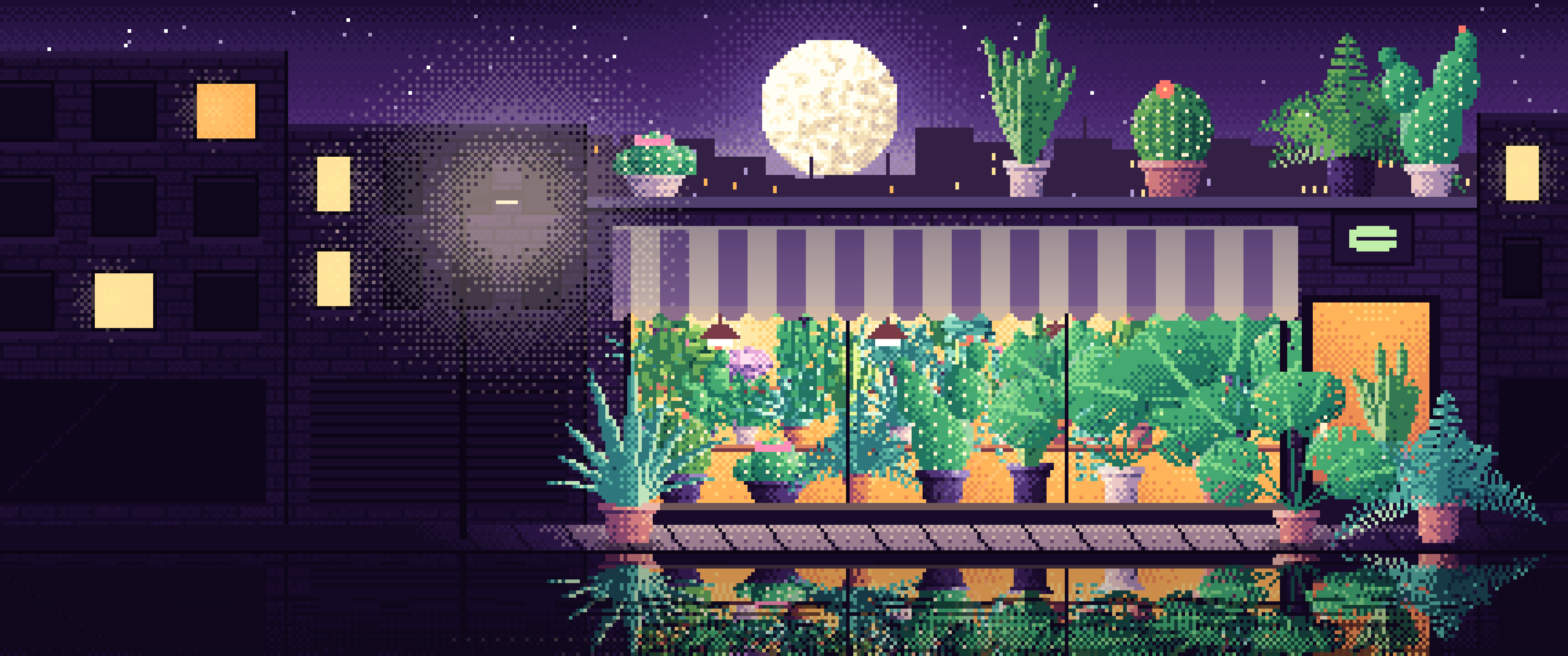 Dark Purple Pixel Art Plant Shop at Night ultrawide wallpaper, 3440 × 1440