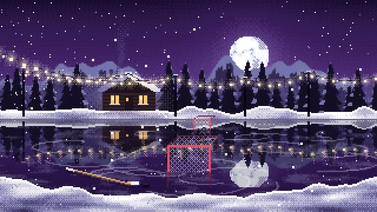 Dark Purple Pixel Art Pond Hockey Rink desktop wallpaper in 4K