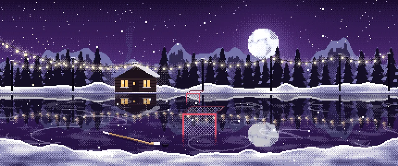 Dark Purple Pixel Art Pond Hockey Rink ultrawide wallpaper, 3440 × 1440