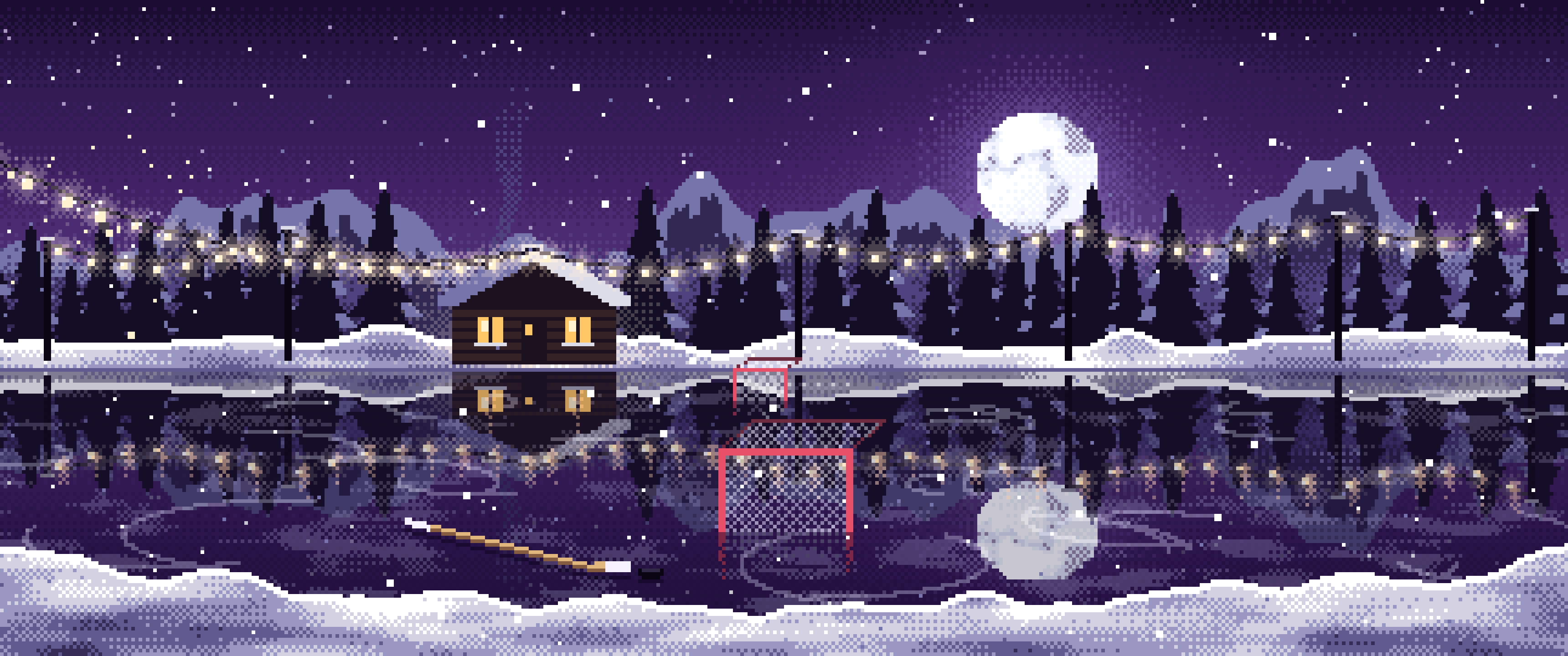 Dark Purple Pixel Art Pond Hockey Rink ultrawide wallpaper, 3440 × 1440