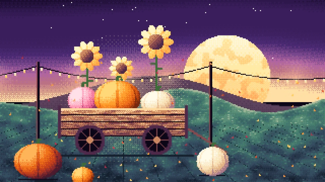 Dark Purple Pixel Art Pumpkin Cart desktop wallpaper in 4K