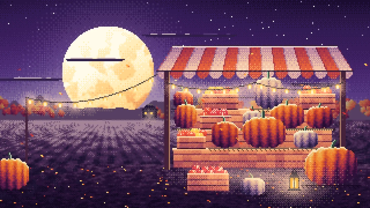 Dark Purple Pixel Art Pumpkin Farm Stand under a Harvest Moon desktop wallpaper in 4K