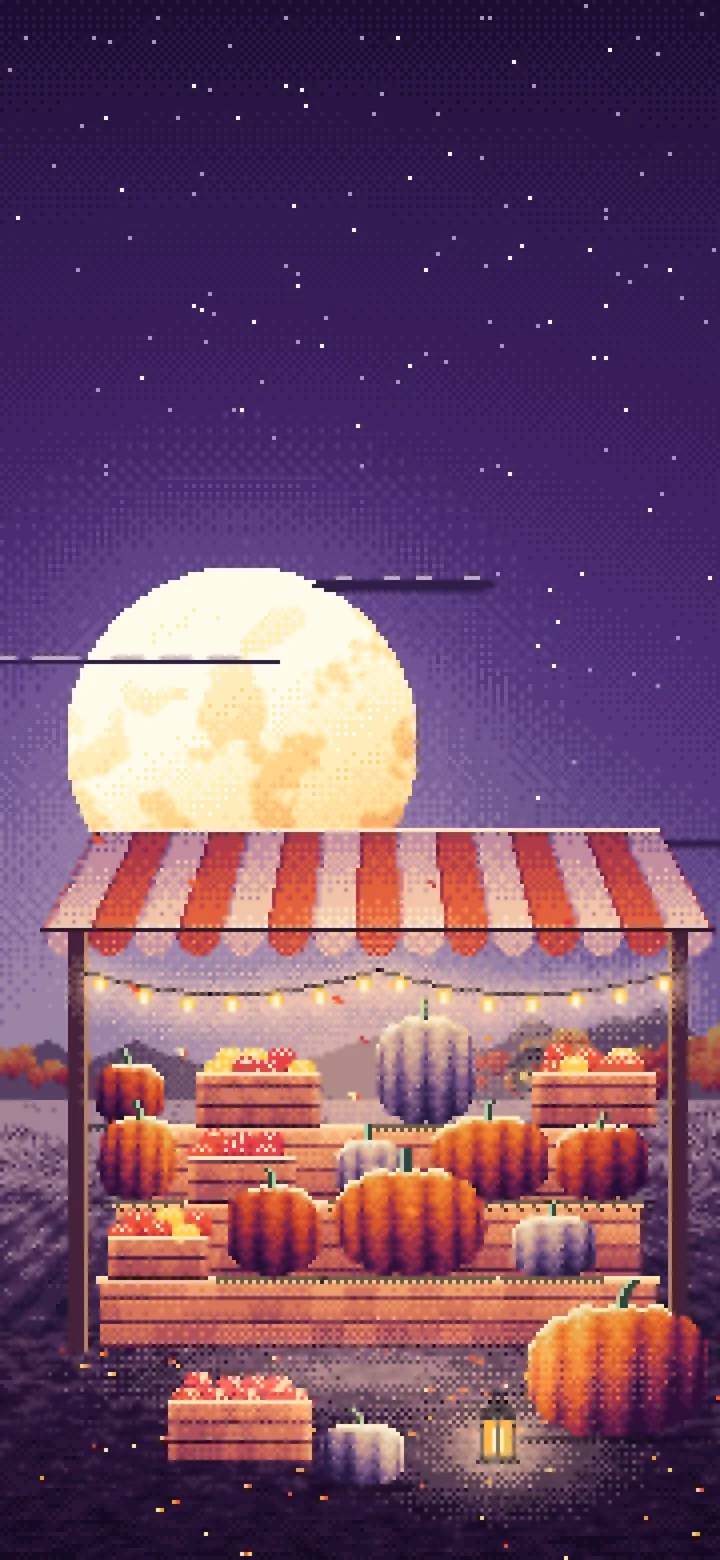 Dark Purple Pixel Art Pumpkin Farm Stand under a Harvest Moon wallpaper for iPhone and Android