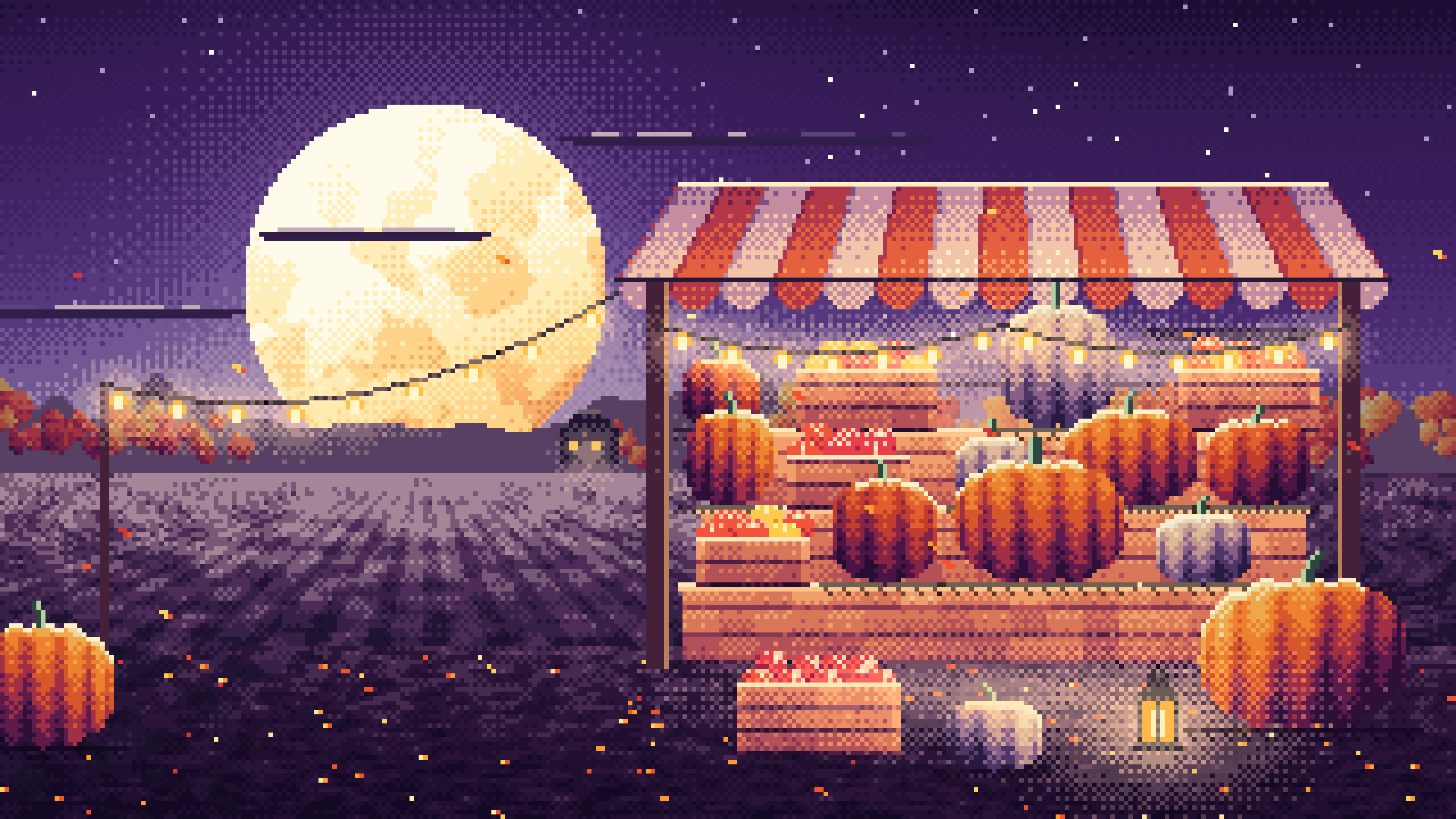 Dark Purple Pixel Art Pumpkin Farm Stand under a Harvest Moon desktop wallpaper in 4K