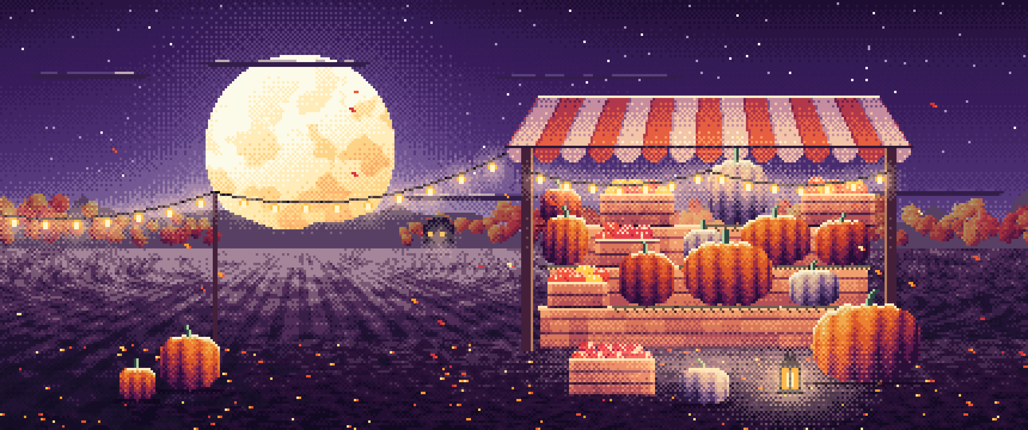 Dark Purple Pixel Art Pumpkin Farm Stand under a Harvest Moon ultrawide wallpaper, 3440 × 1440