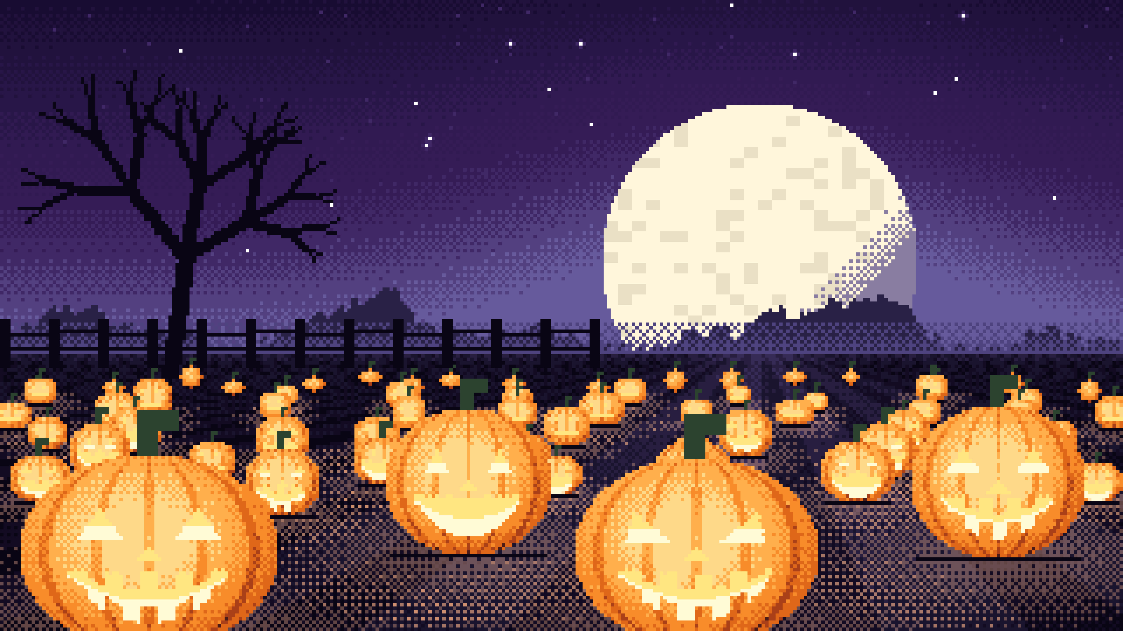 Dark Purple Pixel Art Pumpkin Patch desktop wallpaper in 4K