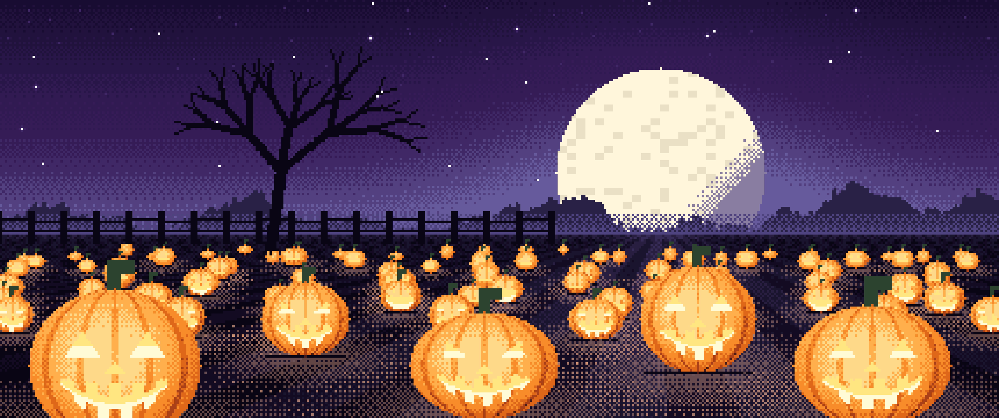 Dark Purple Pixel Art Pumpkin Patch ultrawide wallpaper, 3440 × 1440