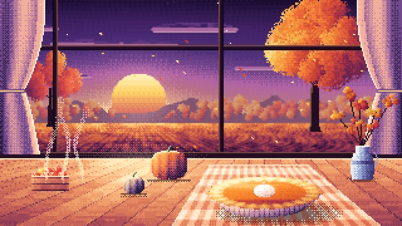 Dark Purple Pixel Art Pumpkin Pie on a Windowsill at Sunset desktop wallpaper in 4K