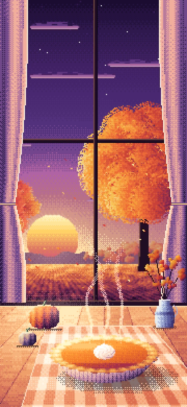 Dark Purple Pixel Art Pumpkin Pie on a Windowsill at Sunset wallpaper for iPhone and Android