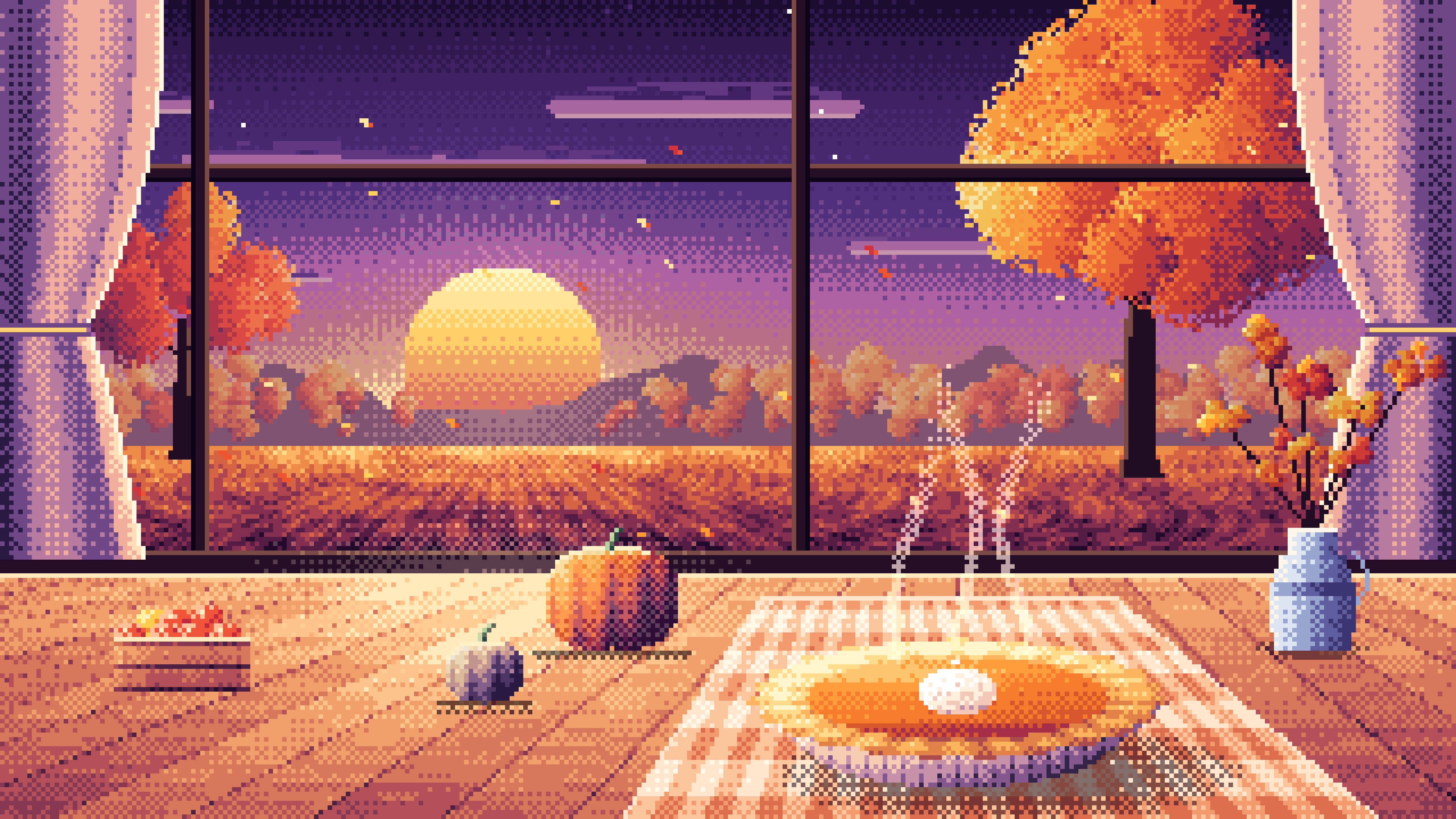 Dark Purple Pixel Art Pumpkin Pie on a Windowsill at Sunset desktop wallpaper in 4K