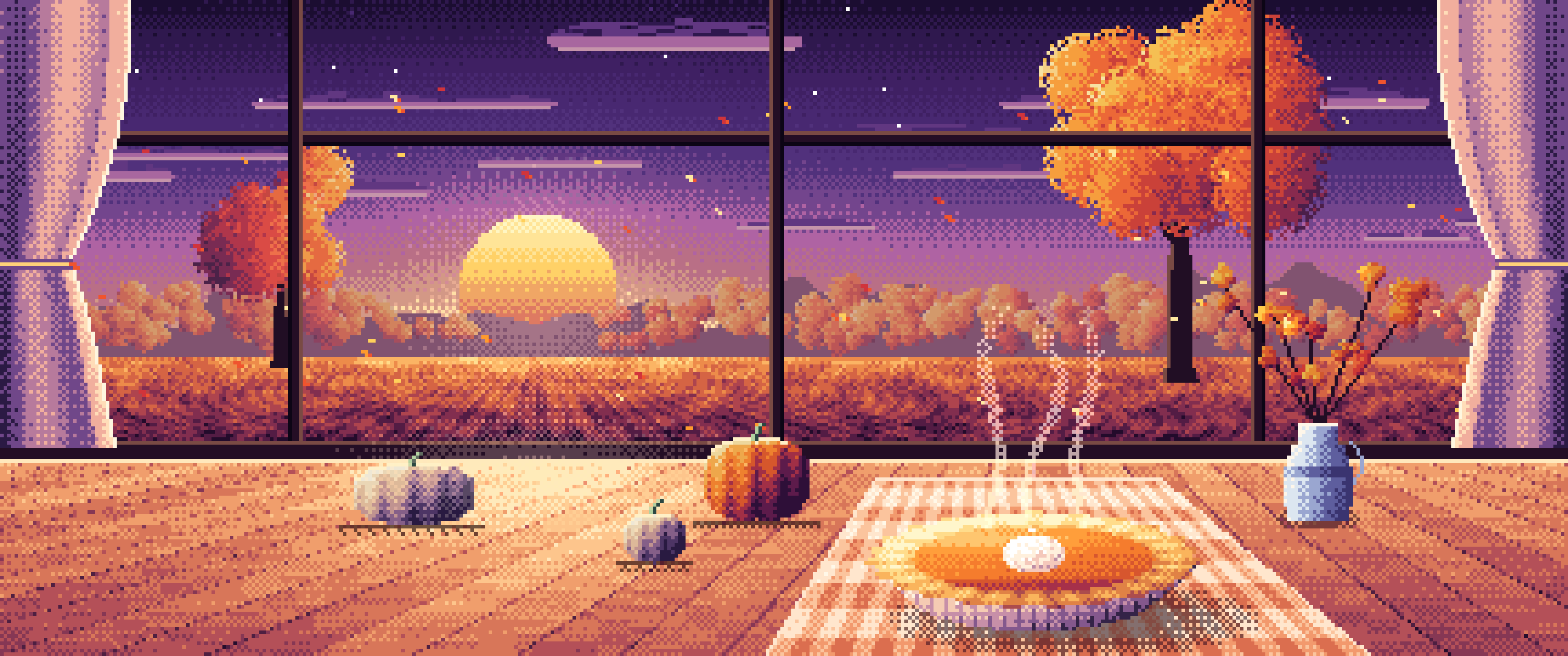 Dark Purple Pixel Art Pumpkin Pie on a Windowsill at Sunset ultrawide wallpaper, 3440 × 1440