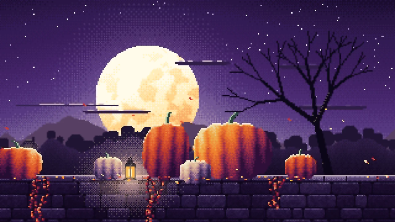 Dark Purple Pixel Art Pumpkins and Harvest Moon desktop wallpaper in 4K