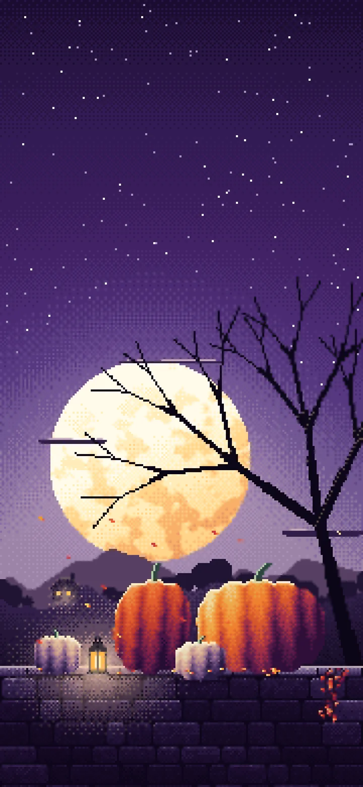 Dark Purple Pixel Art Pumpkins and Harvest Moon wallpaper for iPhone and Android