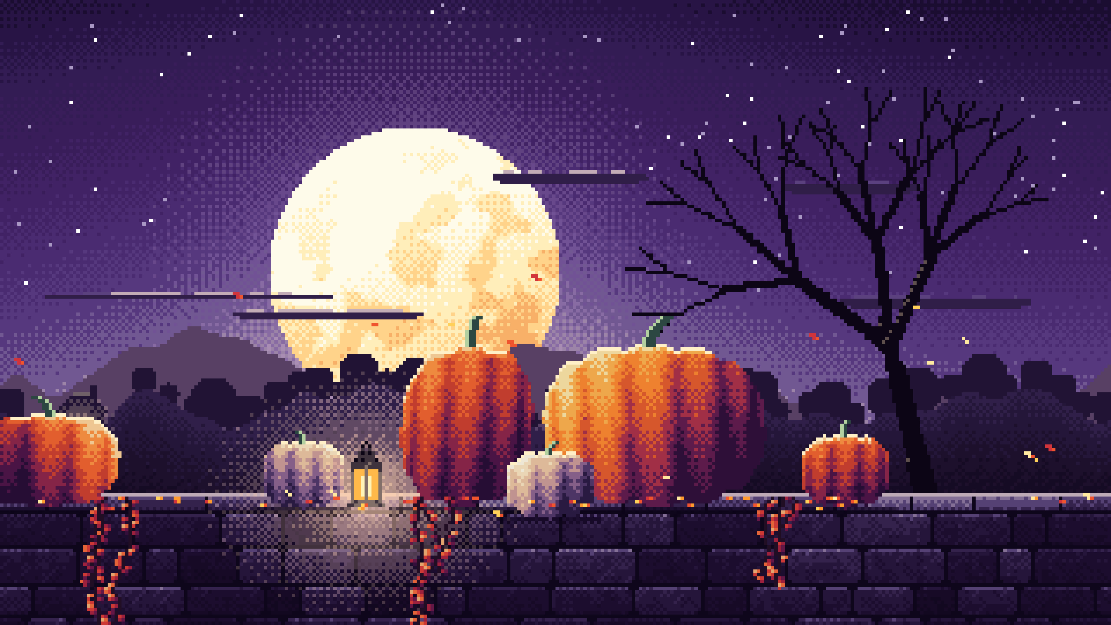Dark Purple Pixel Art Pumpkins and Harvest Moon desktop wallpaper in 4K