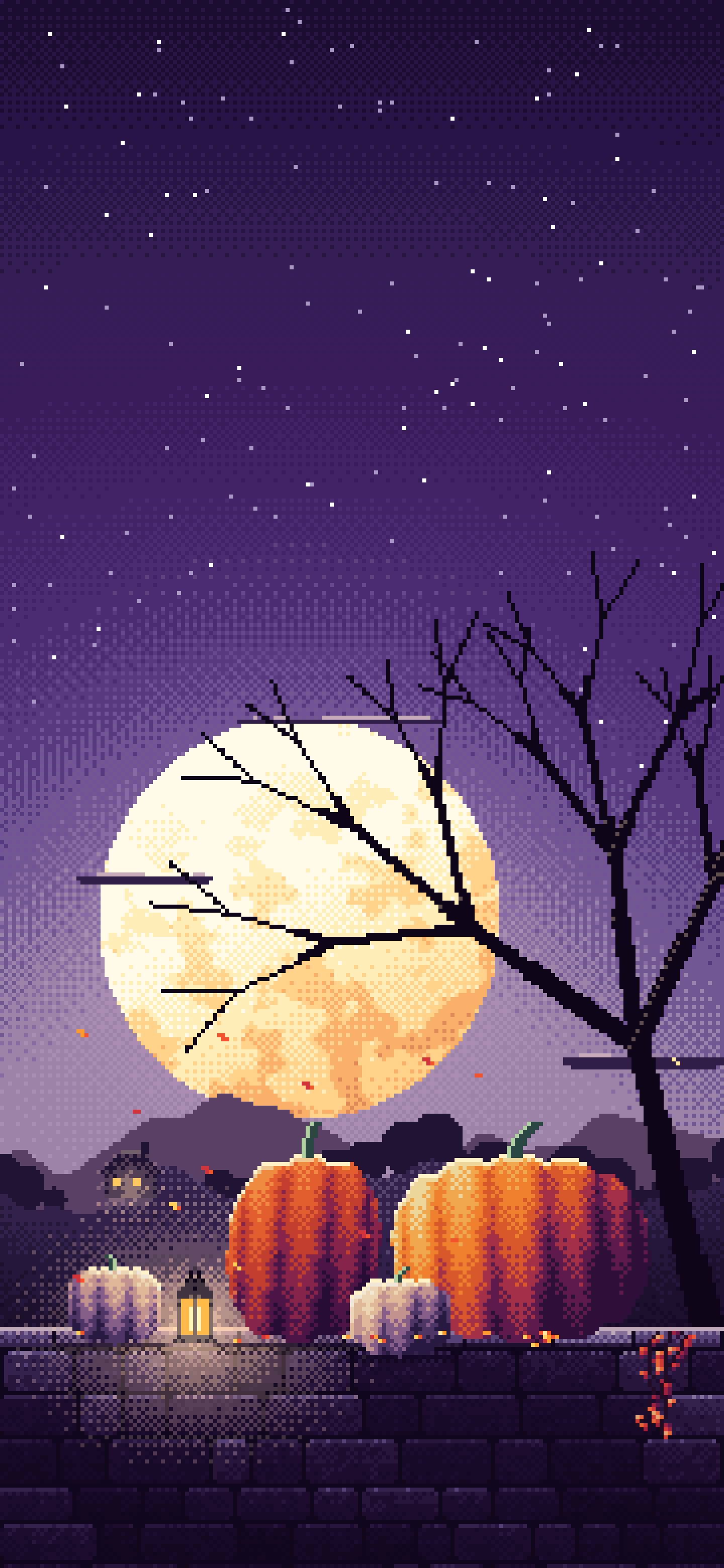 Dark Purple Pixel Art Pumpkins and Harvest Moon wallpaper for iPhone and Android