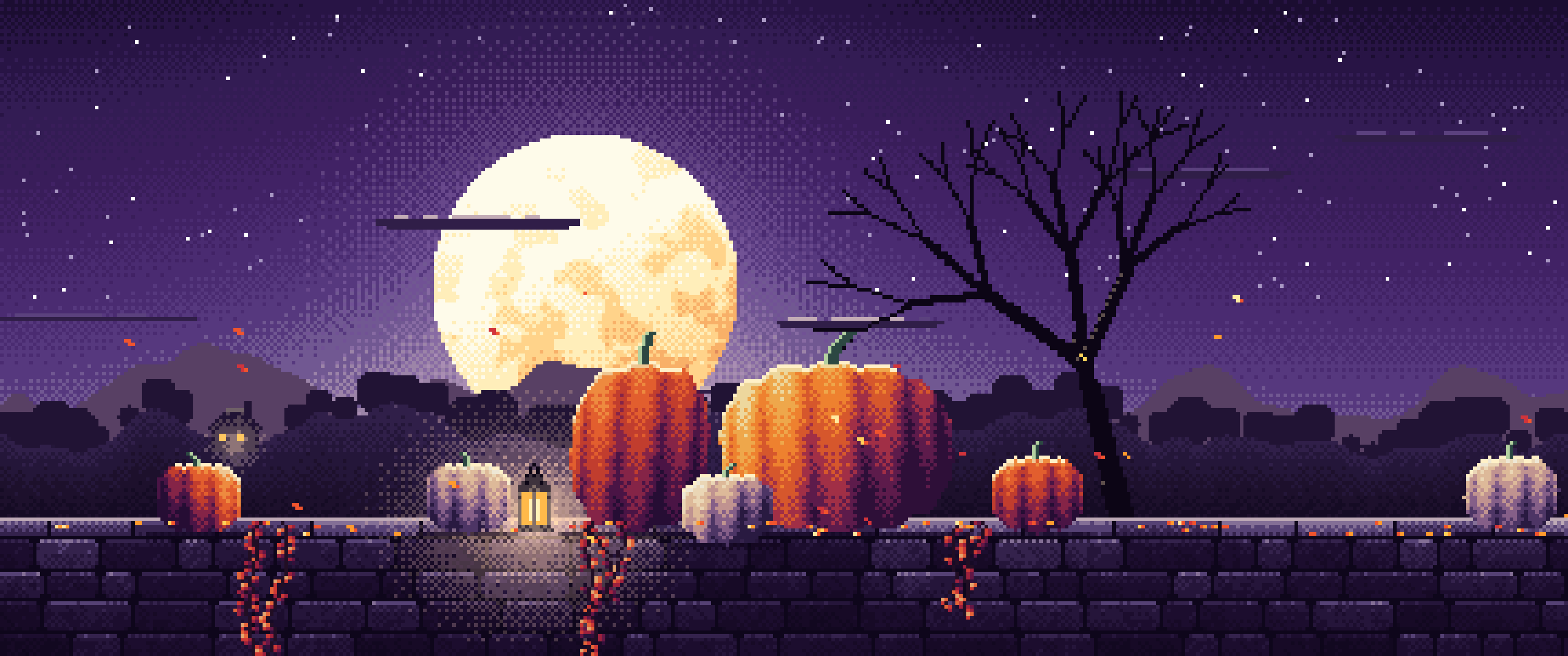 Dark Purple Pixel Art Pumpkins and Harvest Moon ultrawide wallpaper, 3440 × 1440