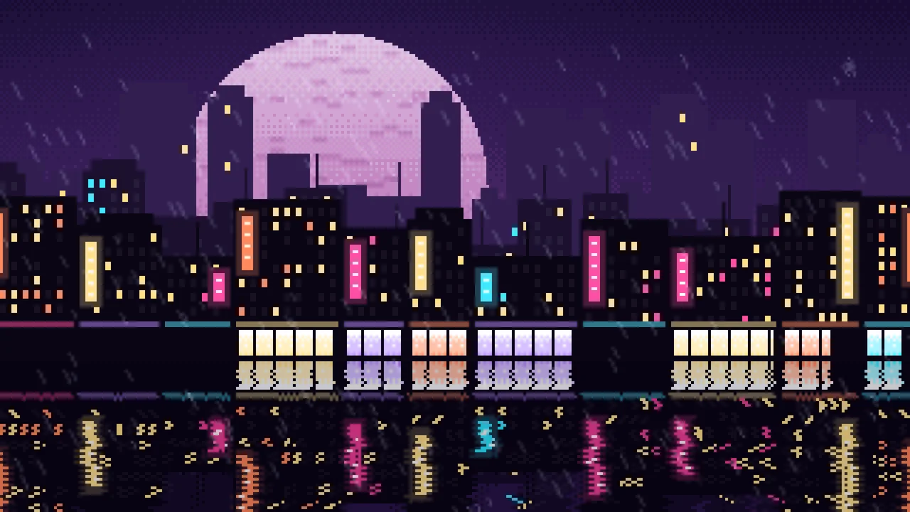 Dark Purple Pixel Art Rainy City desktop wallpaper in 4K