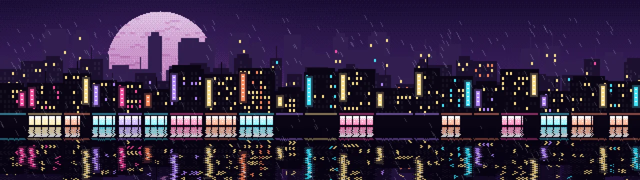 Dark Purple Pixel Art Rainy City dual monitor wallpaper, 7680 × 2160