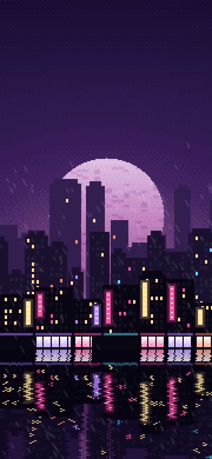 Dark Purple Pixel Art Rainy City wallpaper for iPhone and Android
